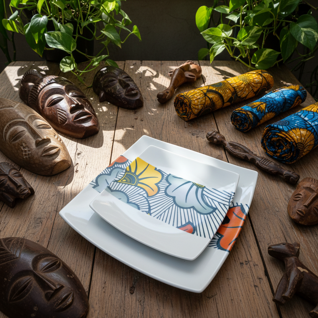 Coffret d'assiettes en porcelaine fine Française fabriquées à la demande avec motif bande WAX d'afrique "Grandes Fleurs de Mariage" dans coffret de 12