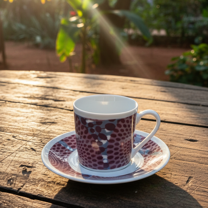 Tasse à Café en porcelaine Française avec soucoupe motif plein wax d'Afrique Gammaphone violet