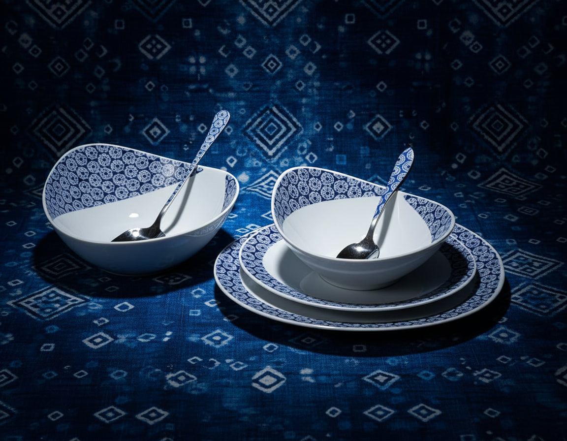 Mug en porcelaine fine Française grenaillé à l'extérieur, motif  d'Afrique "petits soleils indigo" bleu à l'intérieur