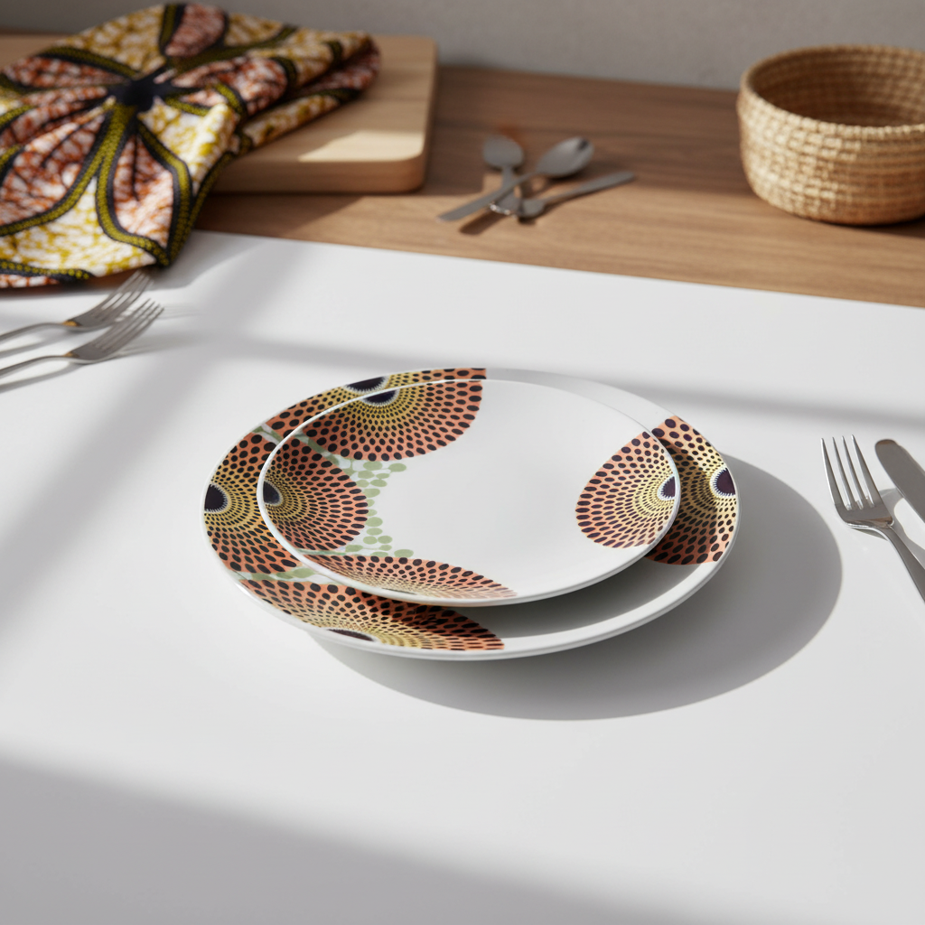 Coffret d'assiettes rondes en porcelaine Française fabriquées à la demande avec motif wax d'Afrique asymetrique Gammaphone multicolores