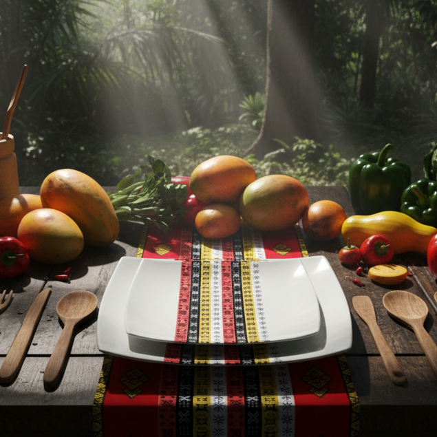 Coffret d'assiettes carrées en porcelaine fine Française fabriquées à la demande avec motif bande Ethnique d'Afrique " Bogolan avec coris" dans coffret de 12 assiettes