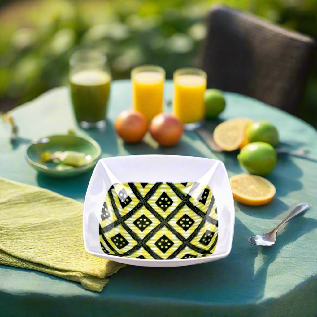 Coffret d'assiettes carrées en porcelaine fine Française fabriquées à la demande avec motif bande yoruba d'Afrique "Ibukunoluwa"   dans coffret cadeau de 6 assiettes.