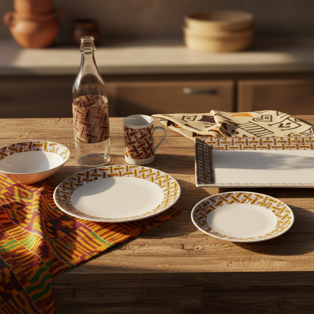 Bouteille en verre motif wax d'Afrique "haricot"
