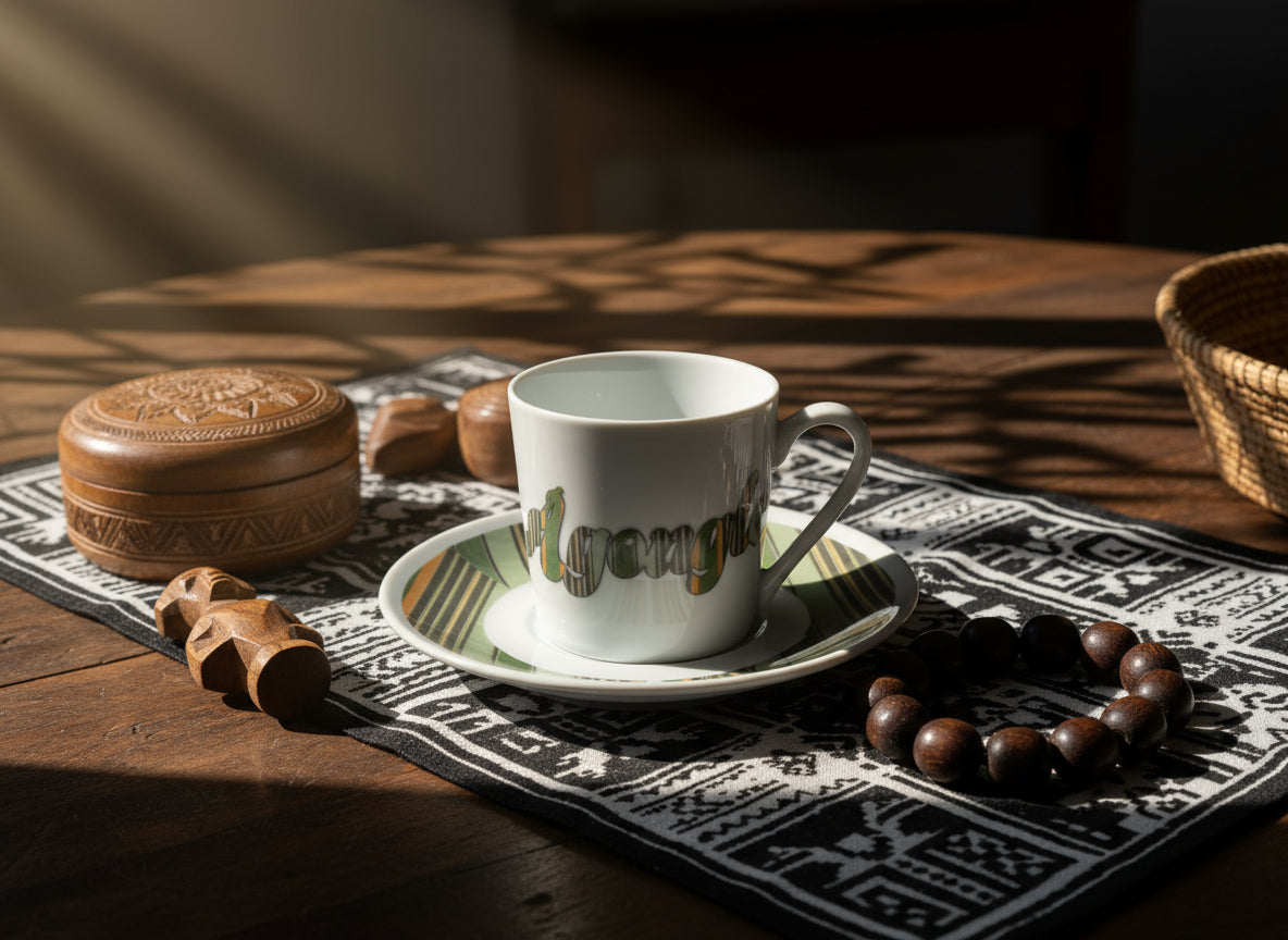Coffret prestige spécial Bénin – 6 tasses en porcelaine fine française, ornées de motifs inspirés de l’histoire du Bénin