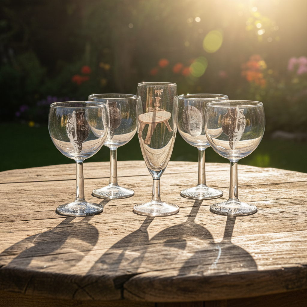 Verre à champagne avec motif masque du Bénin et disque sous pied au motif géométrique noir