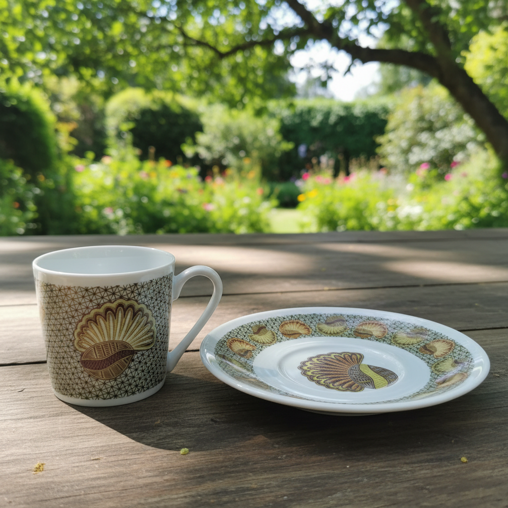 Tasse à Café en porcelaine Française avec soucoupe motif plein wax d'Afrique motif "escargot"