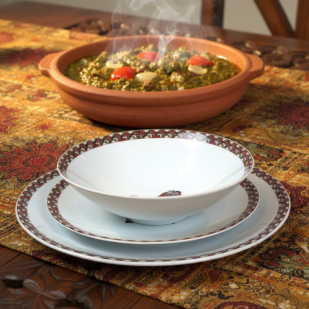 Coffret d'assiettes rondes en porcelaine fine Française avec  motif anneaux fins Ethnique bogolan détaillé avec "lion" de Côte d'ivoire (6 assiettes)