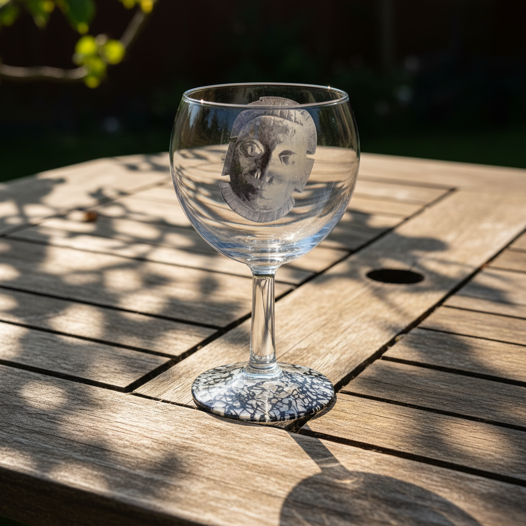 Verre à champagne avec motif masque du Bénin et disque sous pied au motif géométrique noir