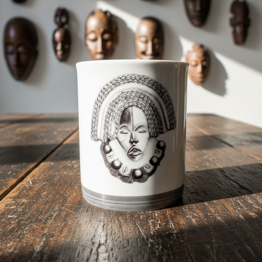 Mug en porcelaine fine Française fabriqué à la demande, motif d'Afrique, Côté d'Ivoire extérieur masques "Yacouba" et "Dan" 2