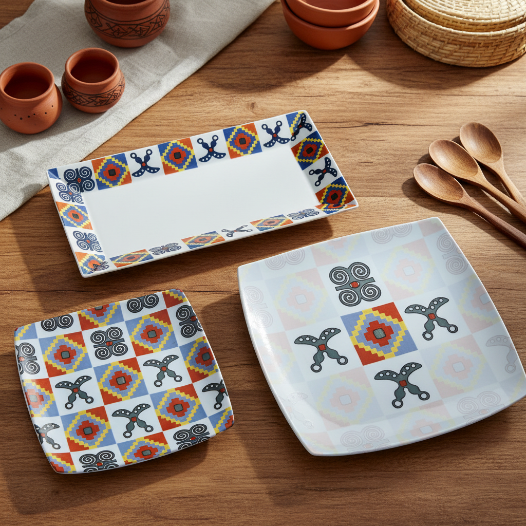 Plat rectangulaire en faïence motif wax d'Afrique "Adinkra"