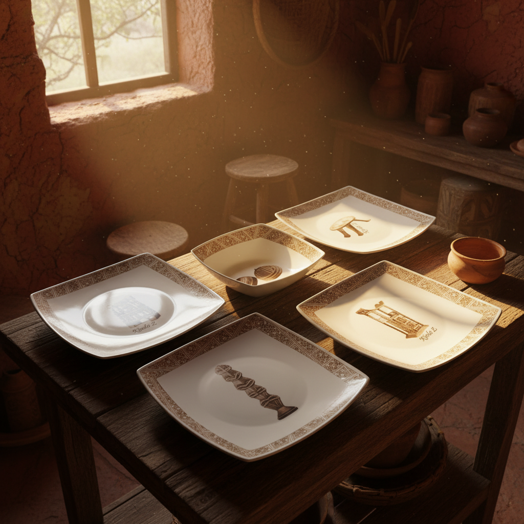 Coffret de 6 Assiettes Carrées en Porcelaine Fine – Motif “Œuvres Sacrées du Bénin”