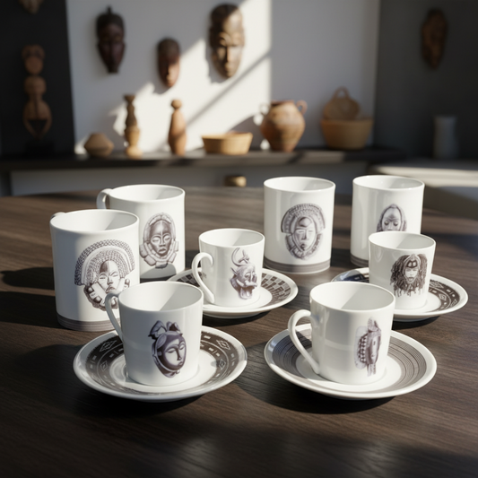 Tasse à café en porcelaine fine Française fabriquée à la demande, motif d'Afrique, Côté d'Ivoire extérieur masques zoomorphe "Senoufo" 1