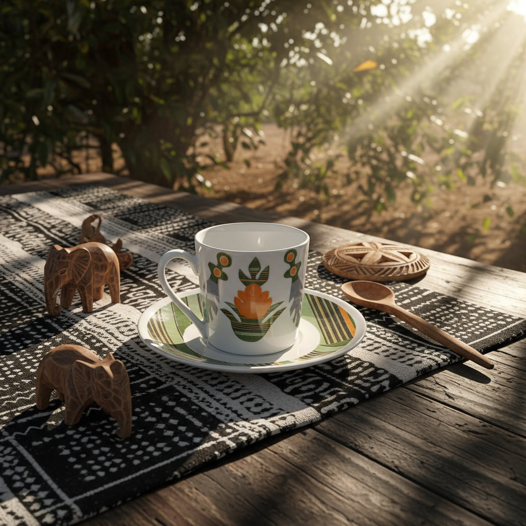 Coffret prestige spécial Bénin – 6 tasses en porcelaine fine française, ornées de motifs inspirés de l’histoire du Bénin