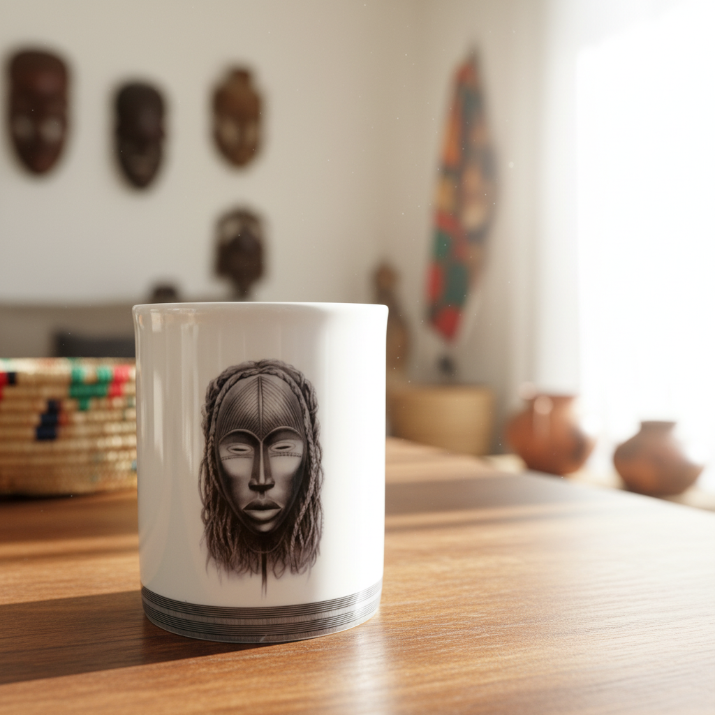 Mug en porcelaine fine Française fabriqué à la demande, motif d'Afrique, Côté d'Ivoire extérieur masques "Yacouba" et "Dan" 4