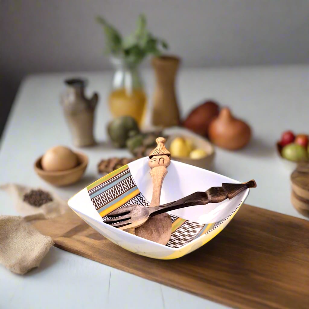 Saladier en porcelaine fine Française fabriquées à la demande motif bande Ethnique d'Afrique "Kanta" du Niger dans coffret