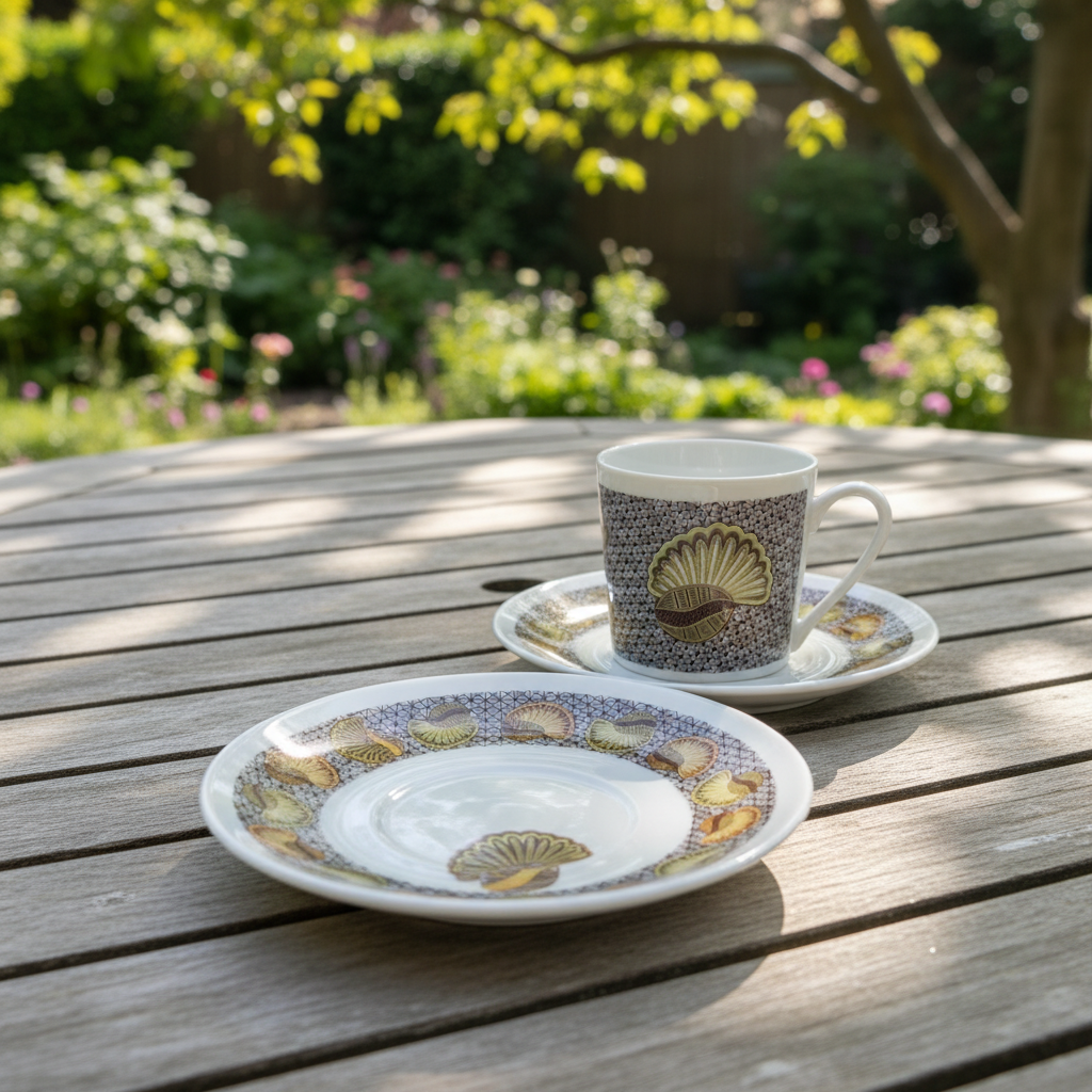 Tasse à Café en porcelaine Française avec soucoupe motif plein wax d'Afrique motif "escargot"