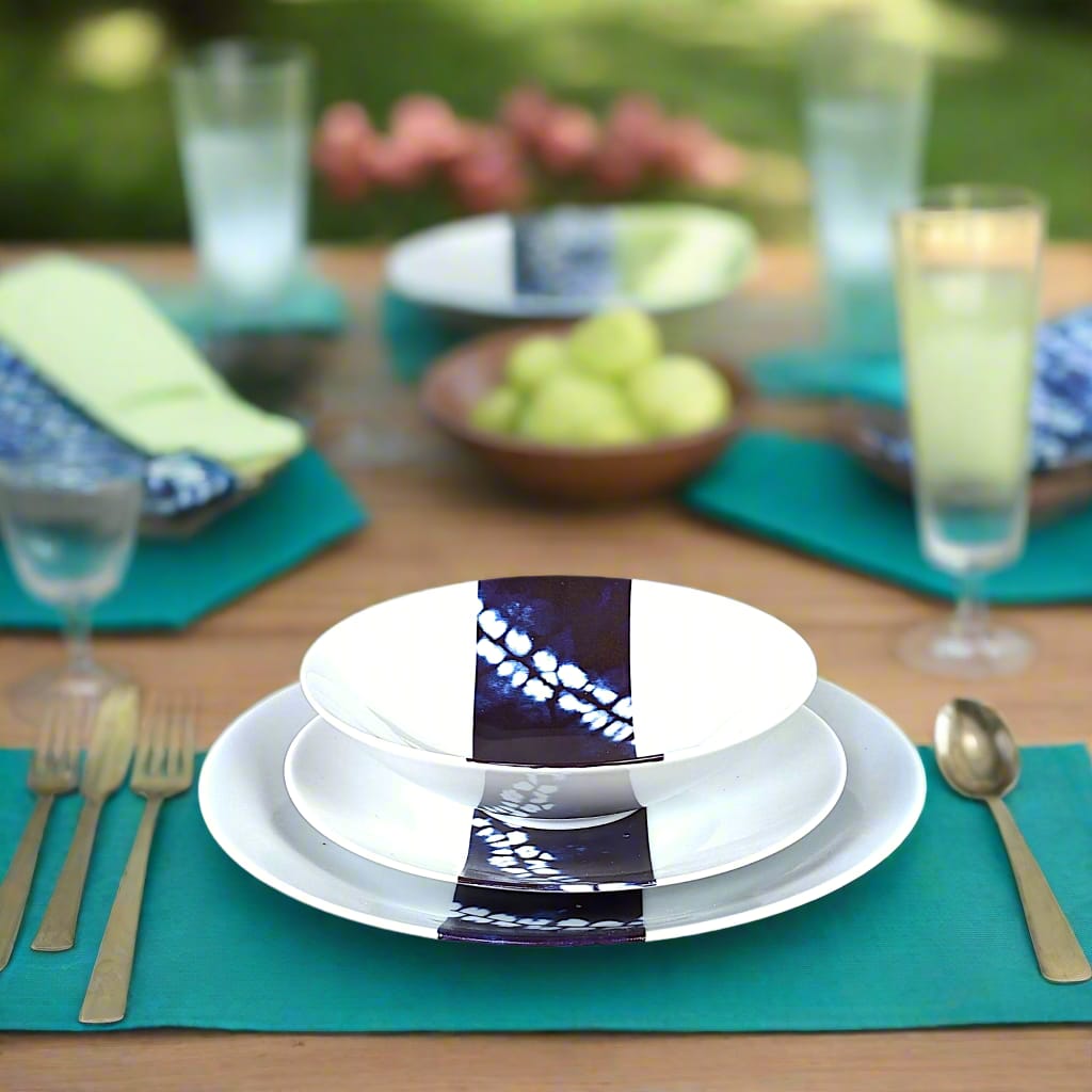 Coffret d'assiettes rondes en porcelaine fine Française fabriquées à la demande avec motif bande larges ethnique d'Afrique "Indigo intense" bleu dans coffret de 6 assiettes