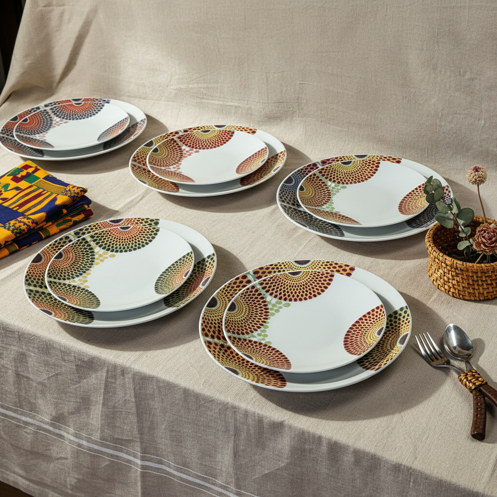 Coffret d'assiettes rondes en porcelaine Française fabriquées à la demande avec motif wax d'Afrique asymetrique Gammaphone multicolores