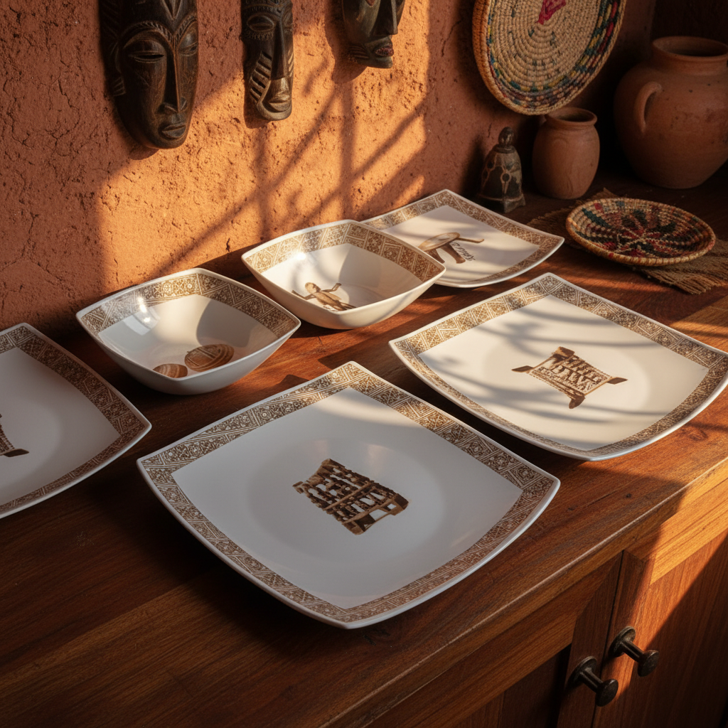 Coffret de 6 Assiettes Carrées en Porcelaine Fine – Motif “Œuvres Sacrées du Bénin”