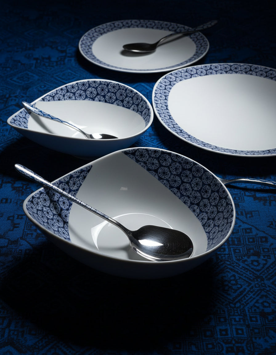 Mug en porcelaine fine Française grenaillé à l'extérieur, motif  d'Afrique "petits soleils indigo" bleu à l'intérieur