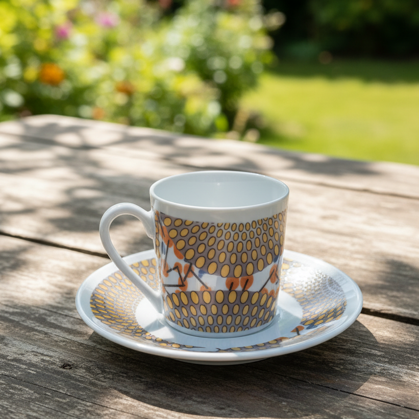 Tasse à Café en porcelaine Française avec soucoupe motif plein wax d'Afrique Gammaphone gris et orangé