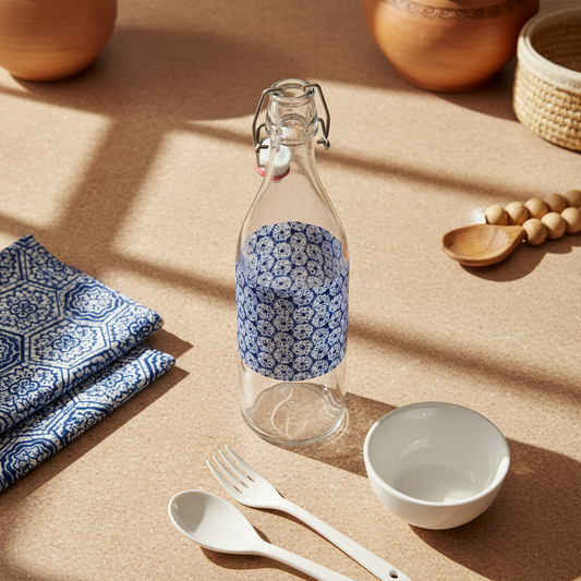Bouteille en verre motif wax d'Afrique "indigo"