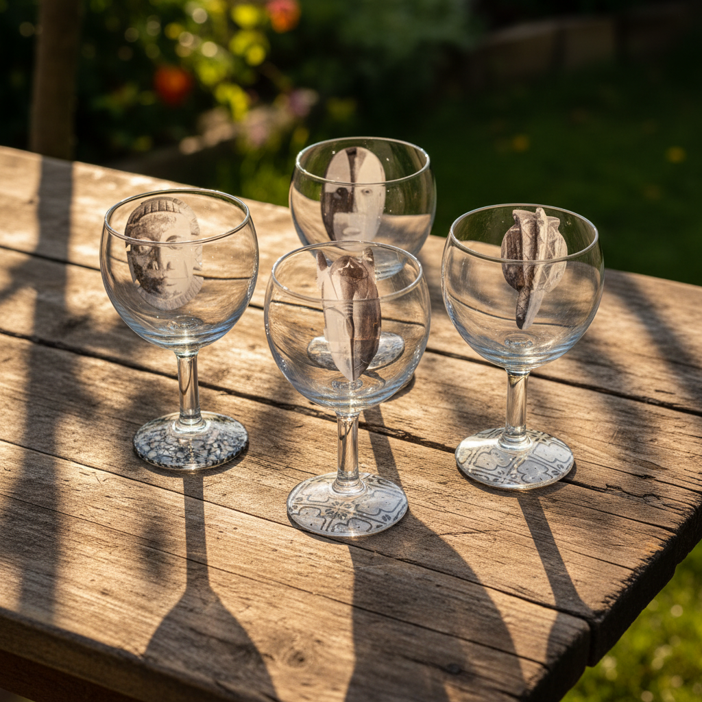Verre à champagne avec motif masque du Bénin et disque sous pied au motif géométrique noir