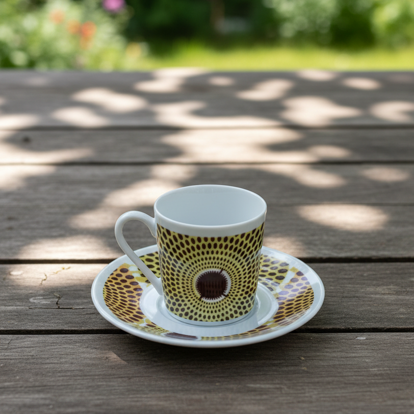 Tasse à Café en porcelaine Française avec soucoupe motif plein wax d'Afrique Gammaphone Jaune et Vert