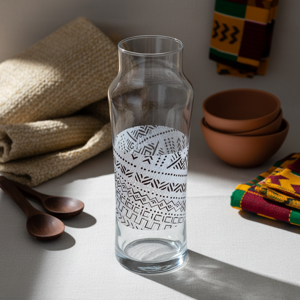 Pichet / bouteille large en verre motif d'Afrique ethnique "Bogolan"