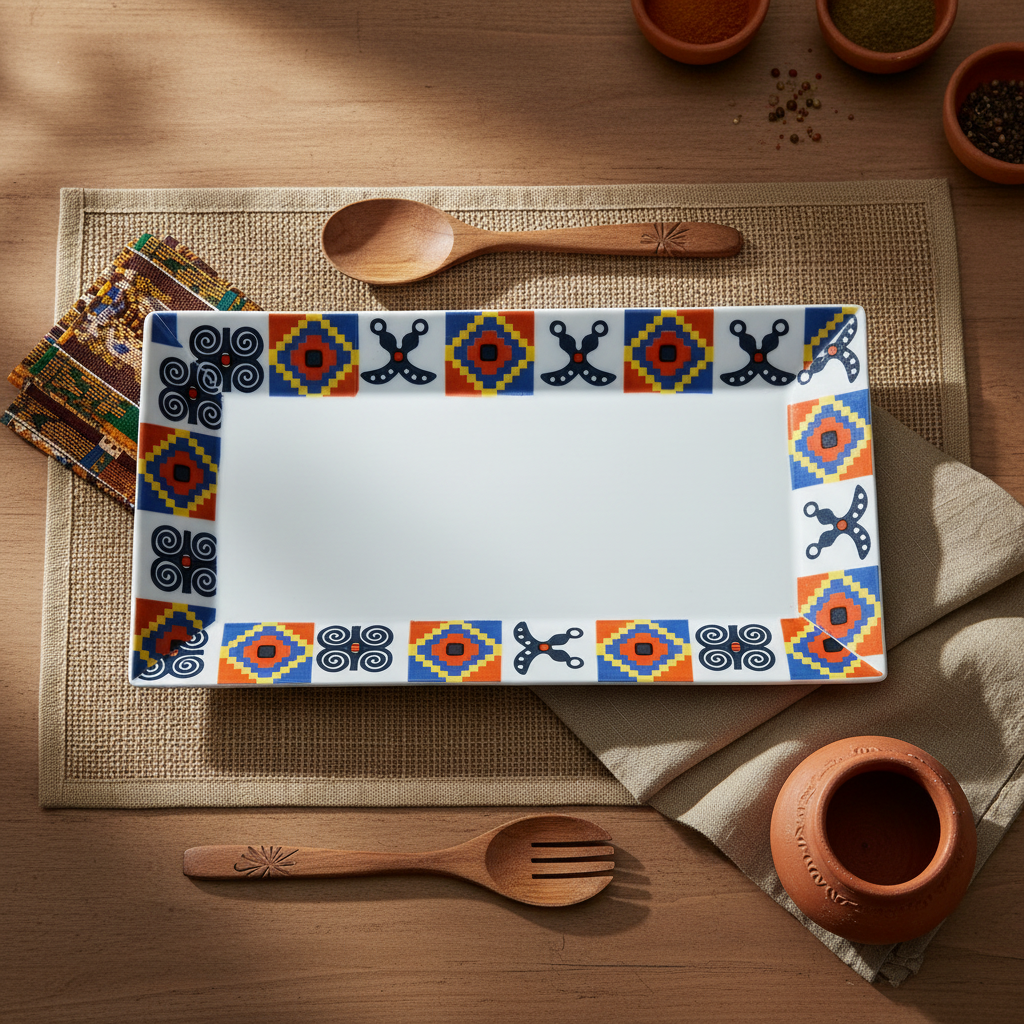 Plat rectangulaire en faïence motif wax d'Afrique "Adinkra"