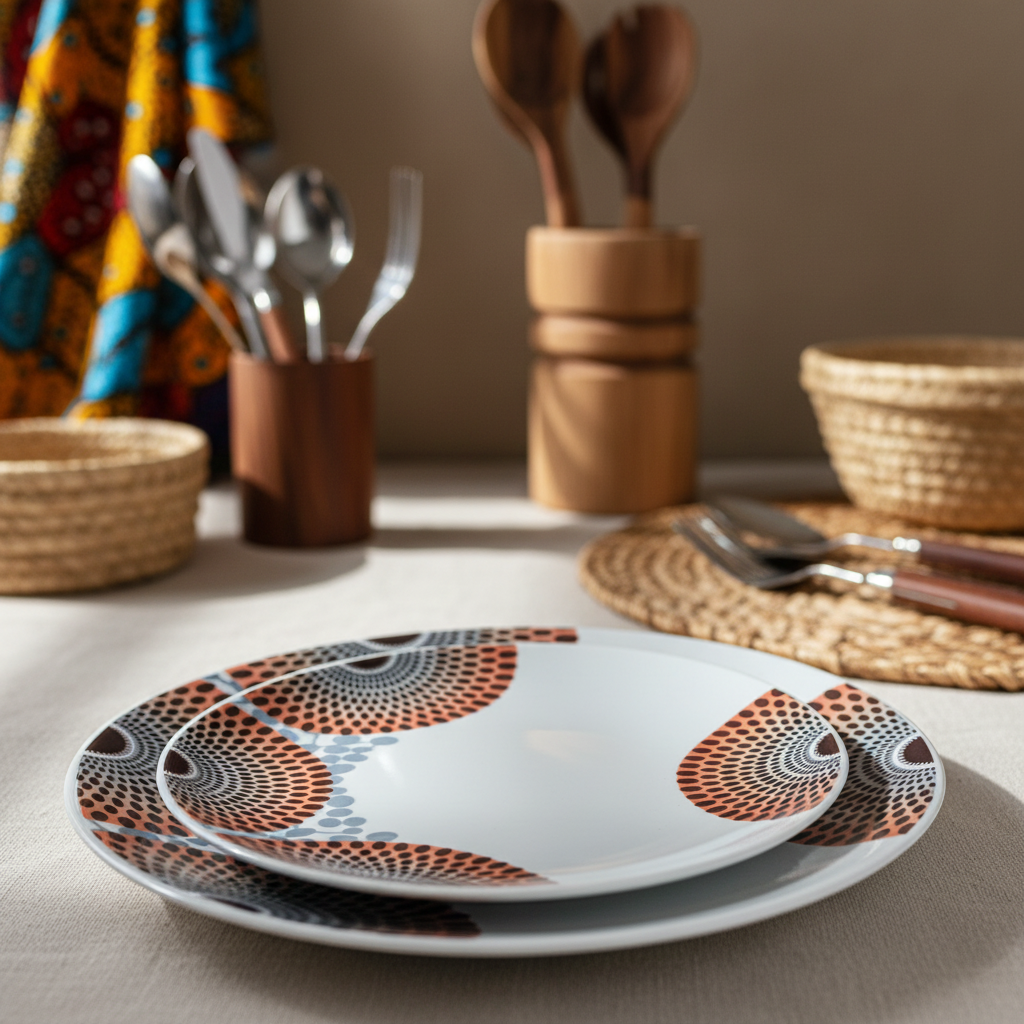 Coffret d'assiettes rondes en porcelaine Française fabriquées à la demande avec motif wax d'Afrique asymetrique Gammaphone multicolores