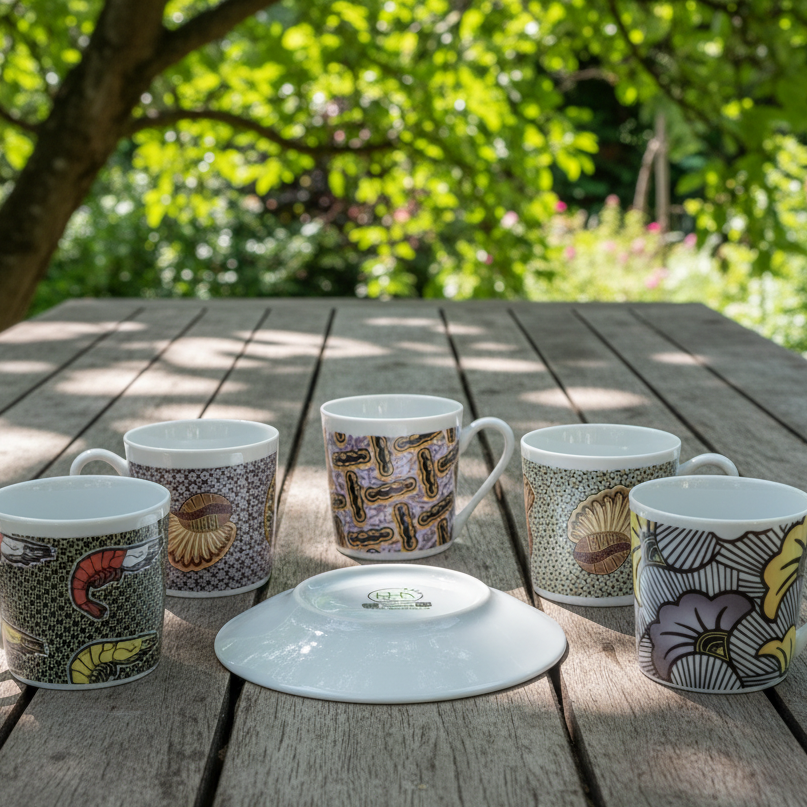 Tasse à Café en porcelaine Française avec soucoupe motif plein wax d'Afrique motif "escargot"