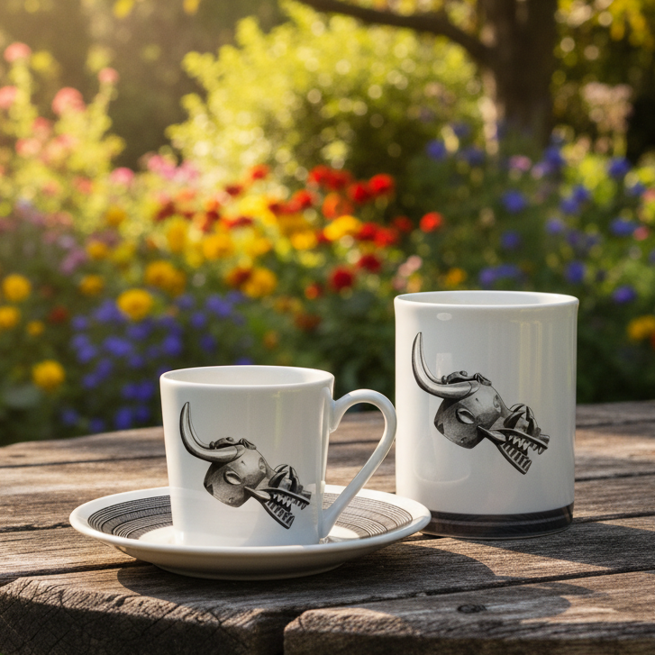 Mug ou Tasse à café en porcelaine fine Française fabriqué à la demande, motif d'Afrique, Côté d'Ivoire MASQUE HEAUME SENOUFO, A tête d'animal à la gueule béante armé de crocs 3