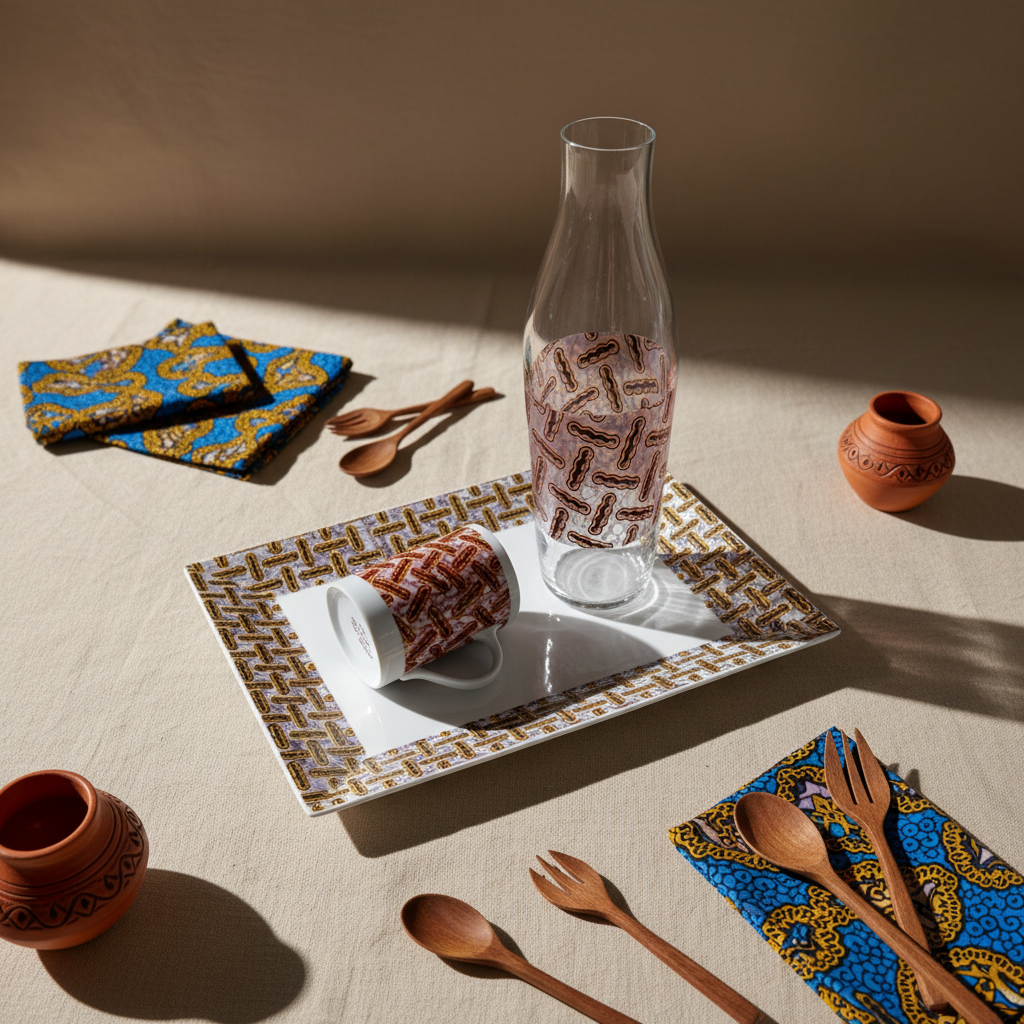 Bouteille en verre motif wax d'Afrique "haricot"