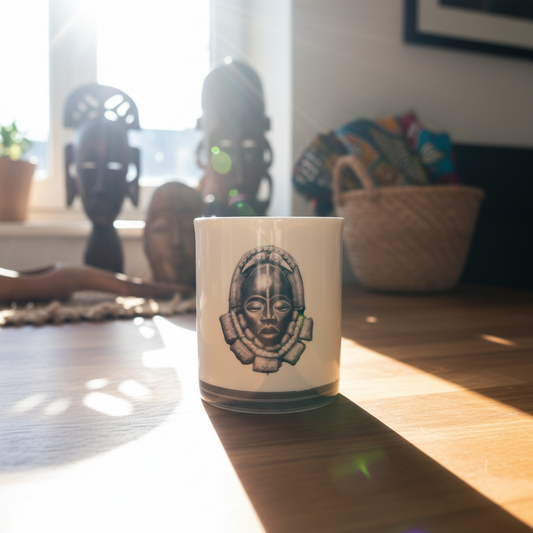 Mug en porcelaine fine Française fabriqué à la demande, motif d'Afrique, Côté d'Ivoire extérieur masques "Yacouba" et "Dan" 1