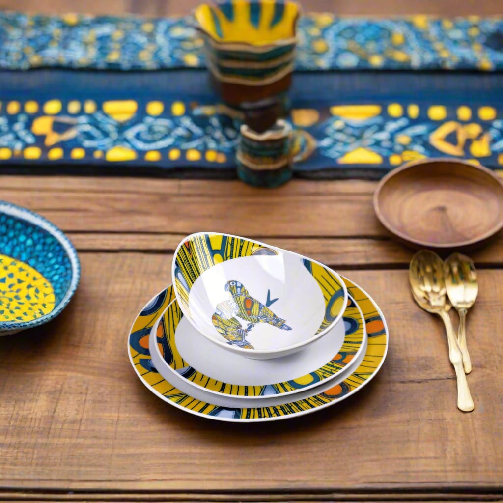 Coffret de 6 Assiettes Ovales en Porcelaine Fine – Motif Wax Africain “Electric Bulb” – Fabrication française personnalisable