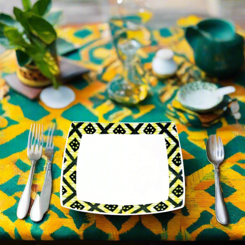 Coffret d'assiettes carrées en porcelaine fine Française fabriquées à la demande avec motif bande yoruba d'Afrique "Ibukunoluwa"   dans coffret cadeau de 6 assiettes.