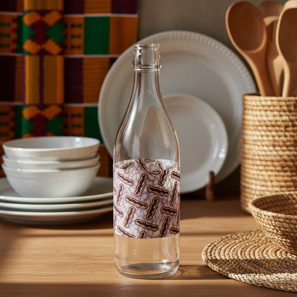 Bouteille en verre motif wax d'Afrique "haricot"