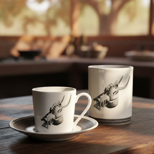 Mug ou Tasse à café en porcelaine fine Française fabriqué à la demande, motif d'Afrique, Côté d'Ivoire MASQUE HEAUME SENOUFO, A tête d'animal à la gueule béante armé de crocs 2