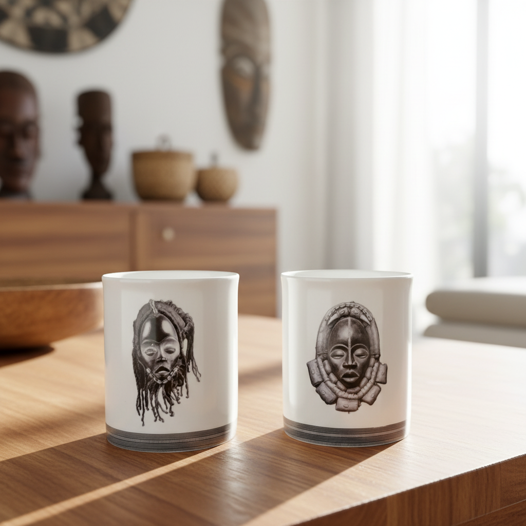 Mug en porcelaine fine Française fabriqué à la demande, motif d'Afrique, Côté d'Ivoire extérieur masques "Zakpai - Dan" 5
