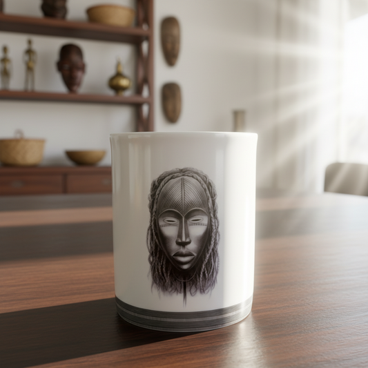 Mug en porcelaine fine Française fabriqué à la demande, motif d'Afrique, Côté d'Ivoire extérieur masques "Yacouba" et "Dan" 4