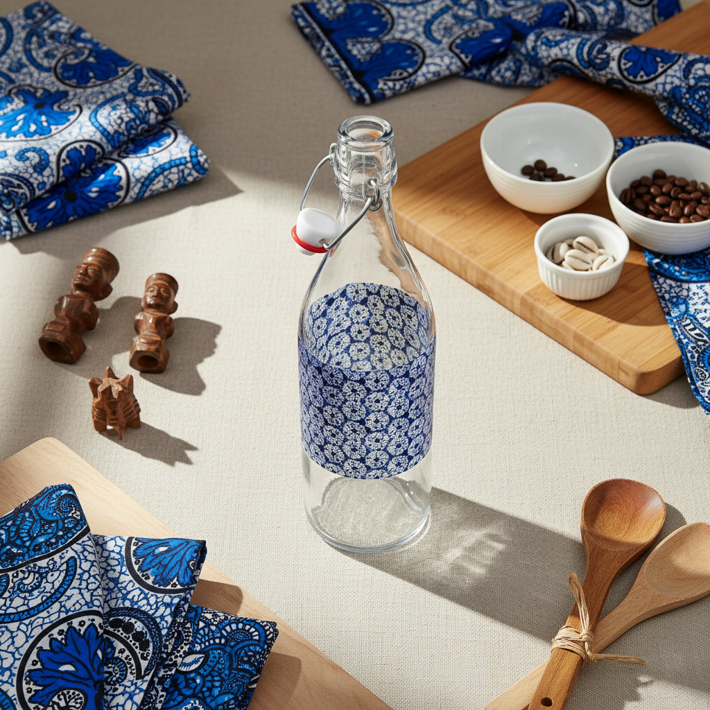 Bouteille en verre motif wax d'Afrique "indigo"