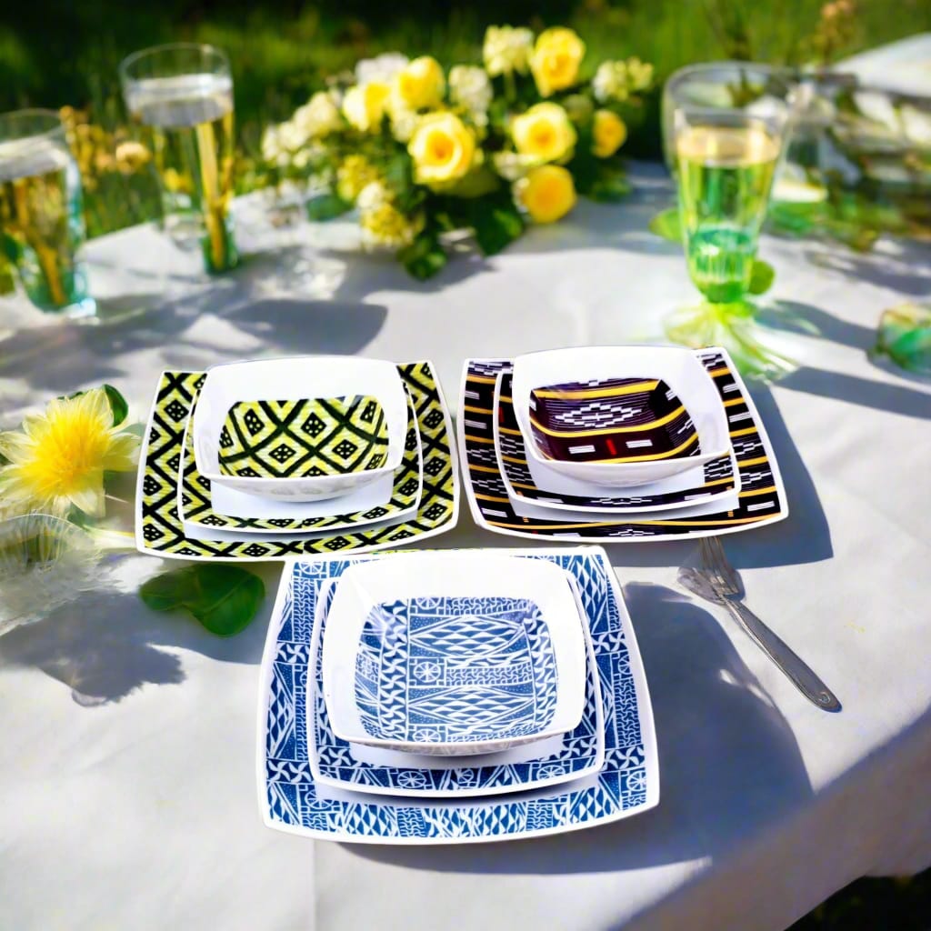 Coffret d'assiettes carrées en porcelaine fine Française fabriquées à la demande avec motif bande yoruba d'Afrique "Ibukunoluwa"   dans coffret cadeau de 6 assiettes.