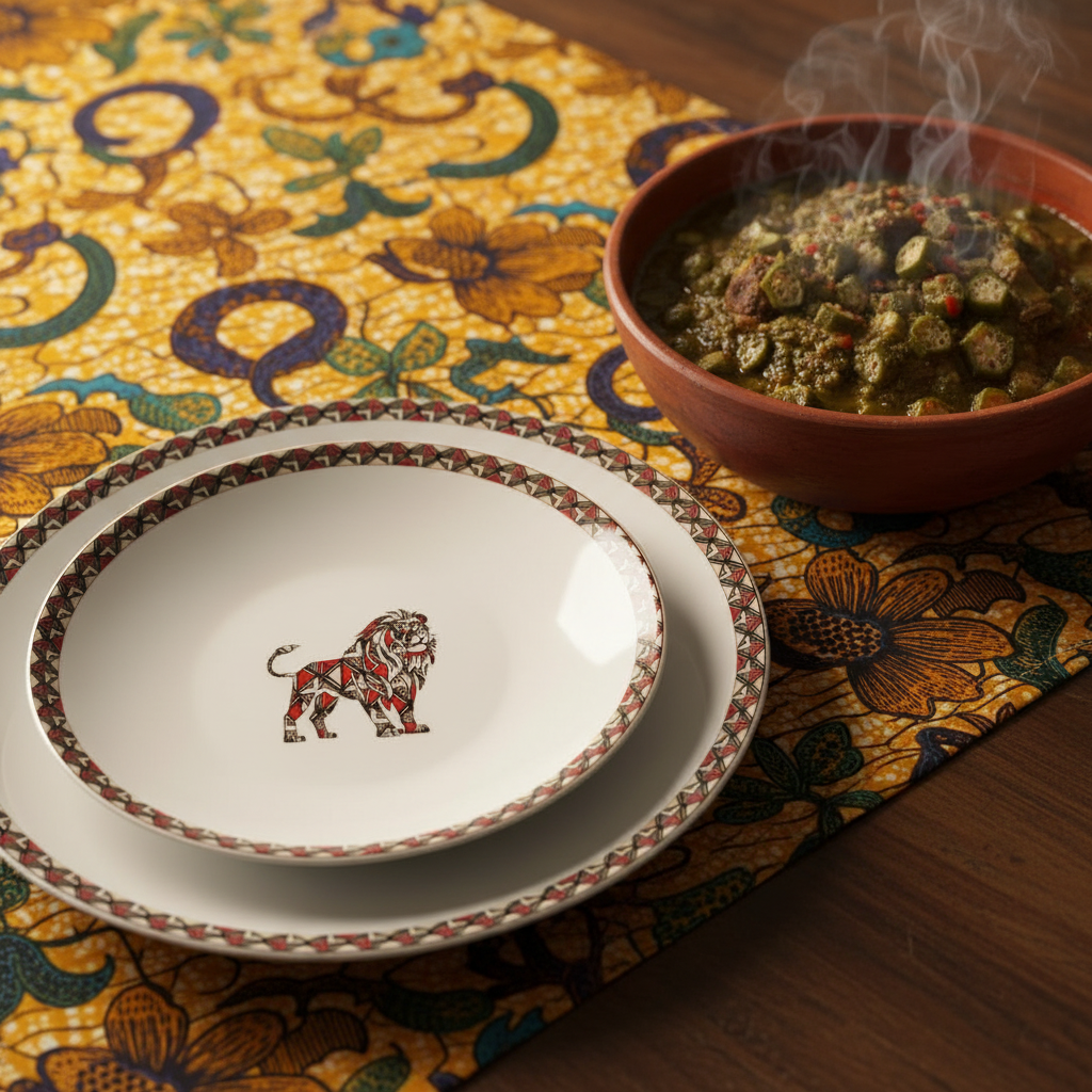 Coffret d'assiettes rondes en porcelaine fine Française avec  motif anneaux fins Ethnique bogolan détaillé avec "lion" de Côte d'ivoire (6 assiettes)
