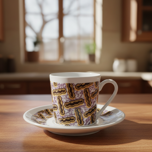 Tasse à Café en porcelaine Française avec soucoupe motif plein wax d'Afrique motif "haricot"