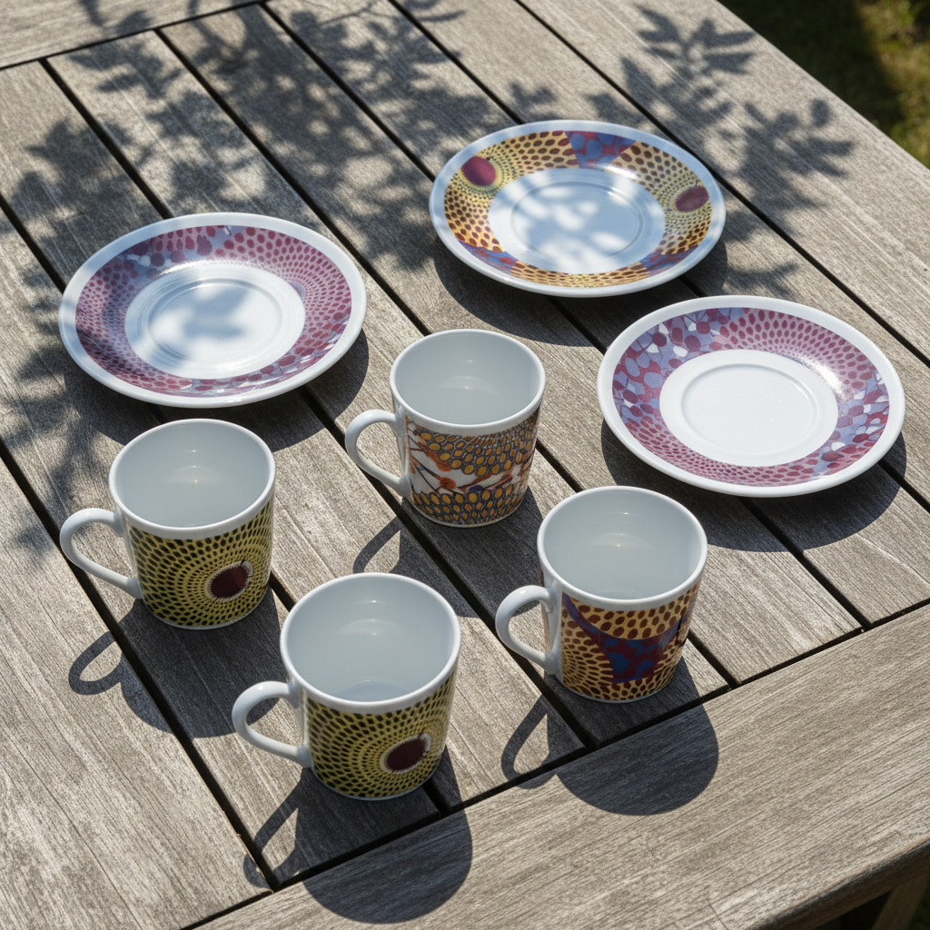 Tasse à Café en porcelaine Française avec soucoupe motif plein wax d'Afrique Gammaphone Jaune et Vert