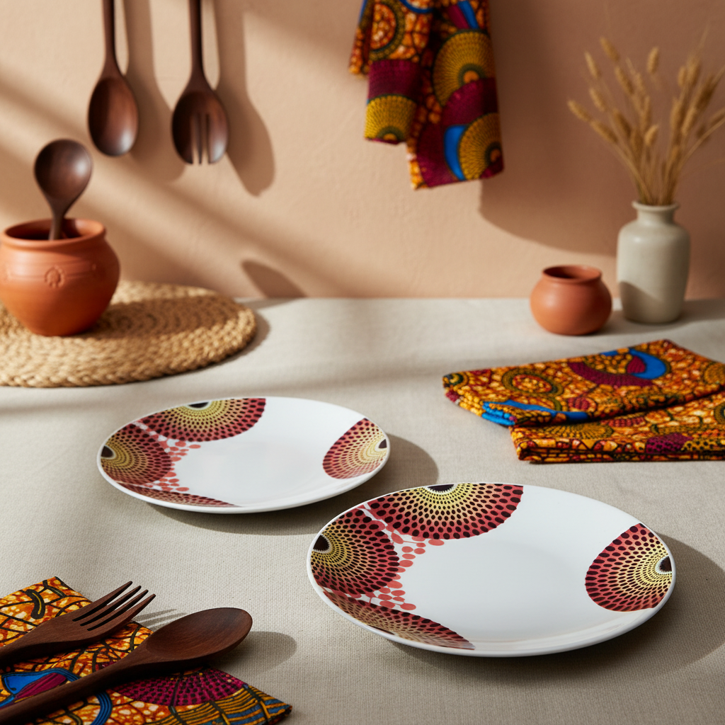 Coffret d'assiettes rondes en porcelaine Française fabriquées à la demande avec motif wax d'Afrique asymetrique Gammaphone multicolores