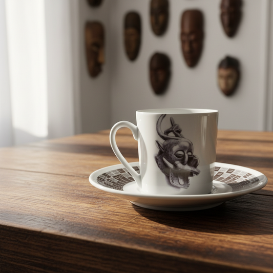Tasse à café en porcelaine fine Française fabriquée à la demande, motif d'Afrique, Côté d'Ivoire extérieur masques zoomorphe "Senoufo" 2