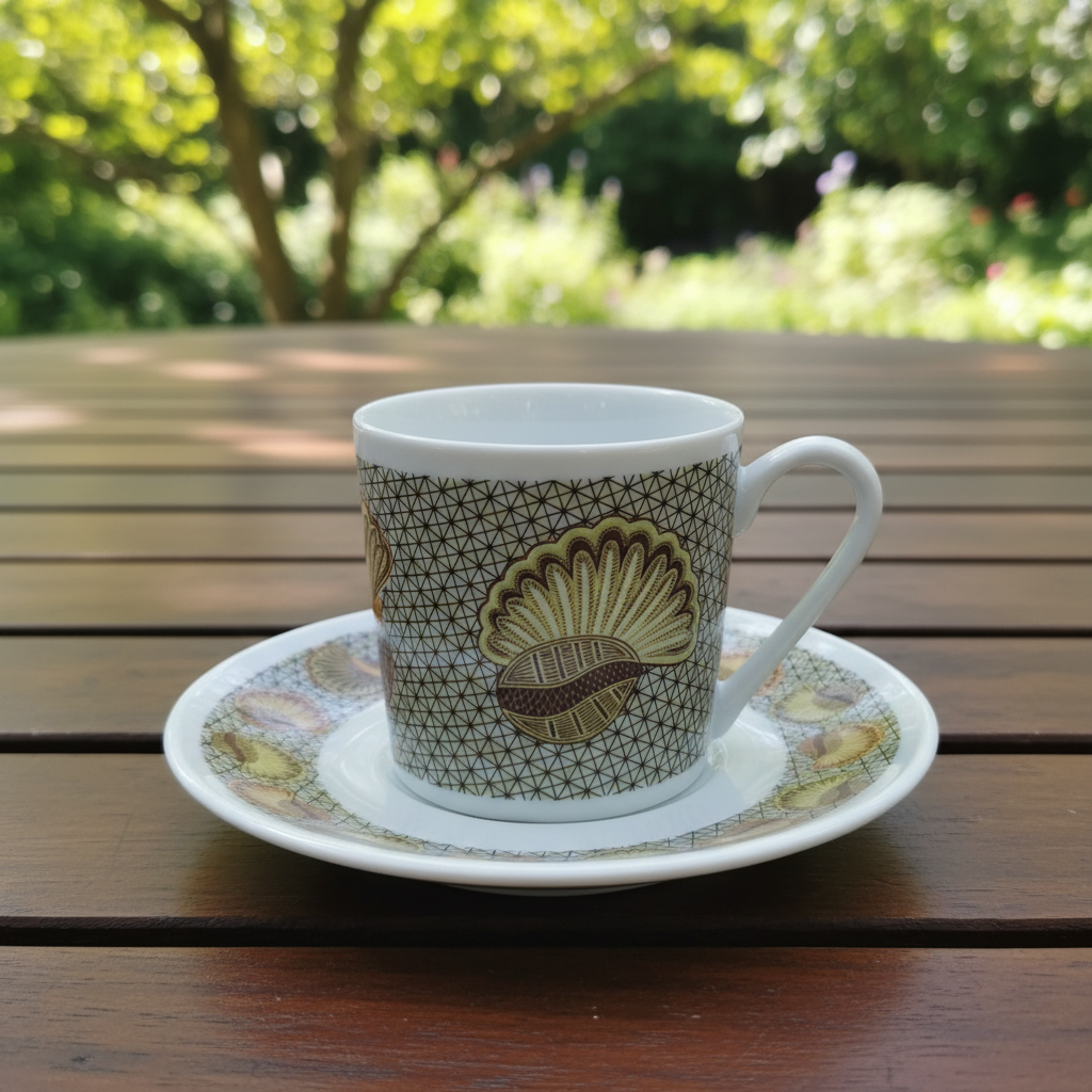 Tasse à Café en porcelaine Française avec soucoupe motif plein wax d'Afrique motif "escargot"