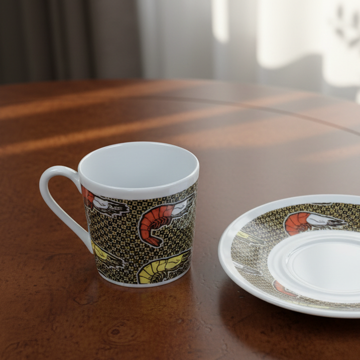 Tasse à Café en porcelaine Française avec soucoupe motif plein wax d'Afrique "crevettes/Shrimp"